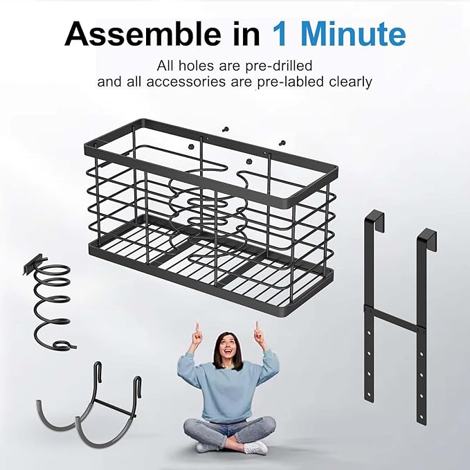 Hair Tool Organizer, 3-in-1 Universal Hair Dryer Holder, Adjustable Height Metal Blow Dryer Holder Wall Mounted/Over Cabinet Door/Free-Standing, 12.2 * 5 * 6.1" (XL Black)
