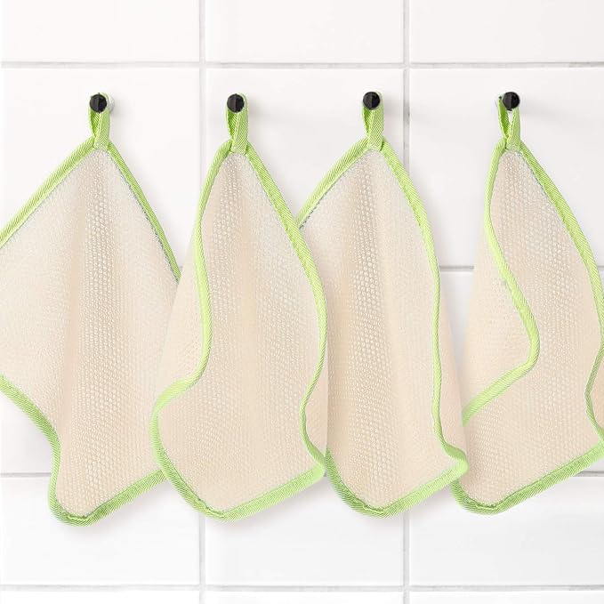 Tatuo 5 Pcs Exfoliating Face and Body Wash Cloths Towel Weave Bath Exfoliating Scrub Massage Bath Cloth for Women and Men, 10.63 x 9.05 Inch(Green Edge)