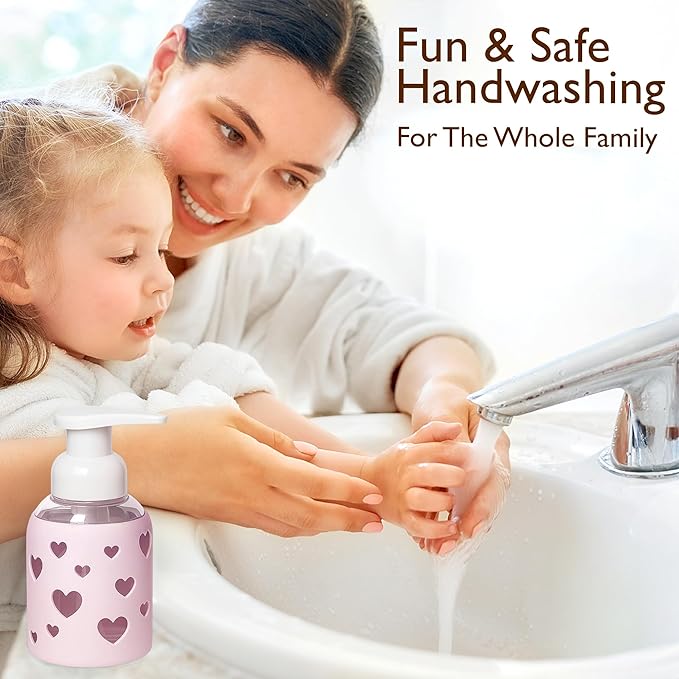 SoCal Suds & Company Foaming Hand Soap Dispenser Glass, Liquid Soap Pump with Heart Silicone Sleeve, Refillable Bottle for Kids, Baby Wash & Shampoo, Ideal for Bathroom & Kitchen Use, Soft Pink, 8oz