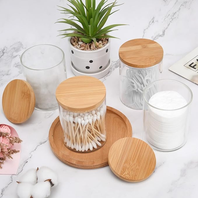 4 Pack Glass Qtip Holder Dispenser Set - Apothecary Jars with Lids for Vanity Makeup Organizer - Bathroom Canister Storage Organizer for Cotton Ball,Swab,Round Pads,Floss