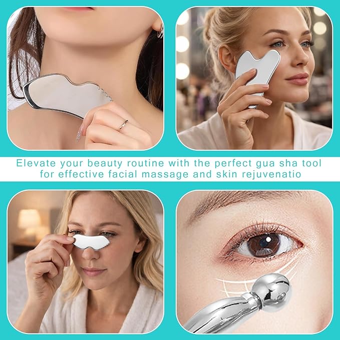 3 Pcs Stainless Steel Gua Sha Facial Tools & Eye Cream Applicator Metal Guasha Set For Face Body,Gua Sha Facial Tools,Stainless Steel Gua Sha,Metal Gua Sha For Face Sculpting, Metal Gua Sha Skin Care