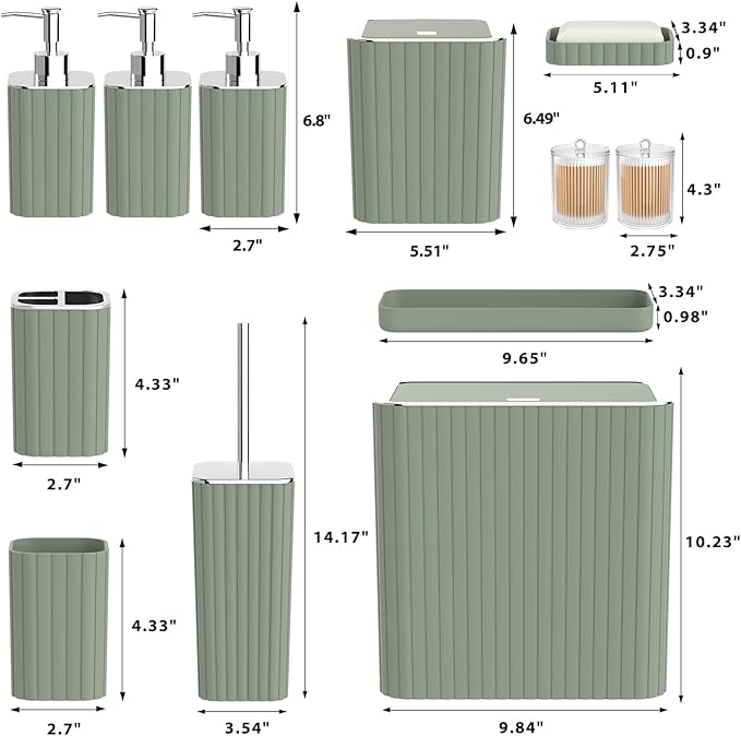 Bathroom Accessory Set - Sage Green Bathroom Set, 12PC Bathroom Accessories Set, Mini Trash Can, Toilet Brush, Trash Can & Soap Dispenser