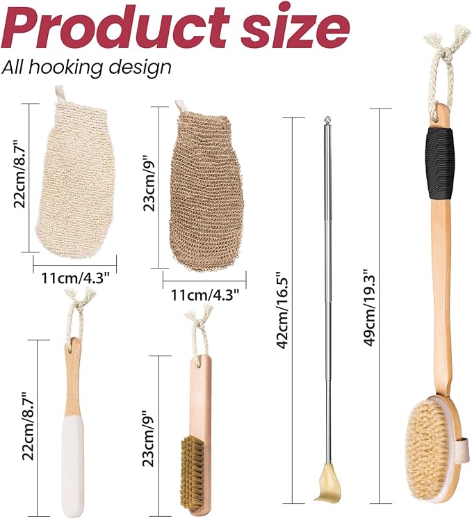 Wood Bath Brush,Long Handle Body Back Scrubber with Soft and Natural Bristles Antiskid Shower Brush Set for Bathroom Wet or Dry Exfoliating (6 Pack) (19.3''Long Handle)