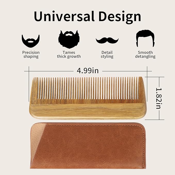 Onedor Handmade 100% Natural Green Sandalwood Wooden Comb for Men Hair, Beard, and Mustache Styling Pocket Comb With Leather Case (Short)
