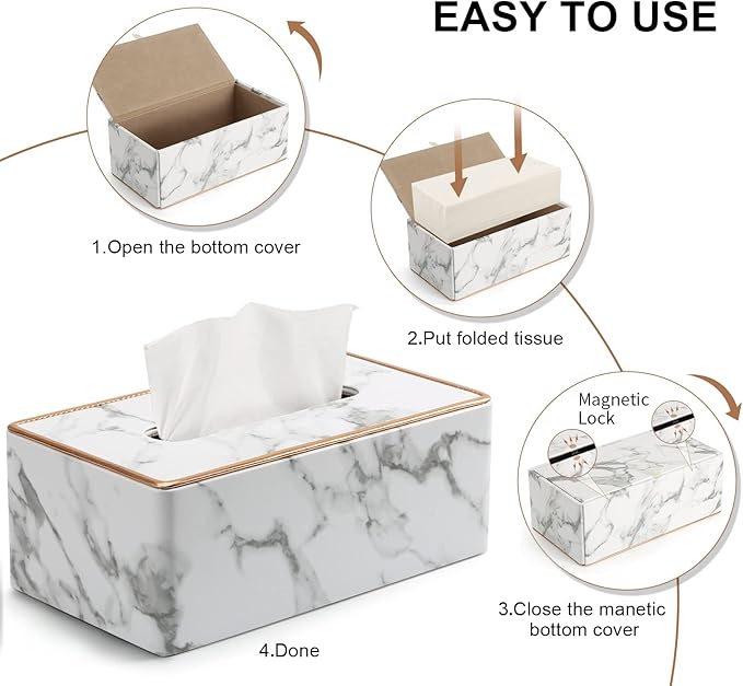 Tissue Box Cover Rectangular, PU Leather Tissue Box Holder for Kleenex, Napkin, Rectangle Tissue Box Covers, Tissue Holder for Bathroom Car Home Decorative 9.84"X5.23"X3.77" - Phnom Penh Marble