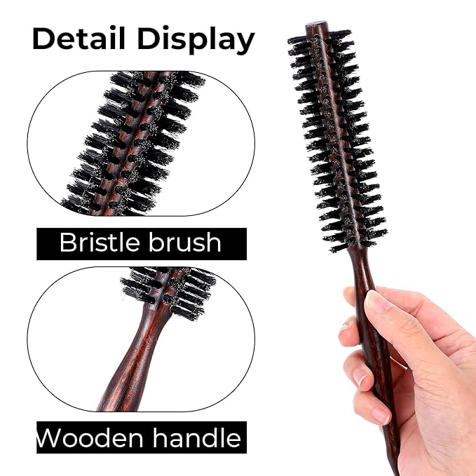 Boar Bristle Round Hair Brush, Small Round Hair Brush with Wooden Handle Portable Beard Brushes for Men Boar Bristle Brushes for Men & Women