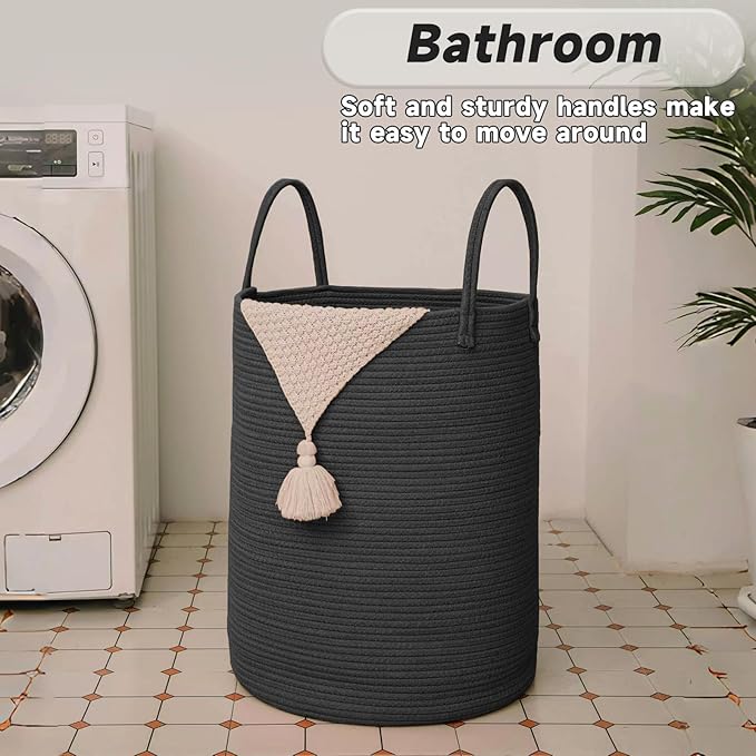 Large Woven Laundry Basket Hamper,60L Cotton Rope Storage Bin for Blankets,Toys and Clothes,Decorative Tall Nursery Hamper for Living Room,Baby Nursery,Bathroom and Bedroom,Black