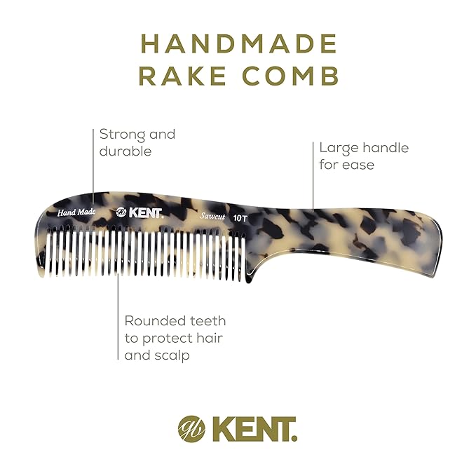 Kent 10T TW Large Wide-Tooth Detangler Comb - Handmade Rake Comb for Women's Curly, Wet or Dry Thick Hair - Smooth and Comfortable Saw Cut Design