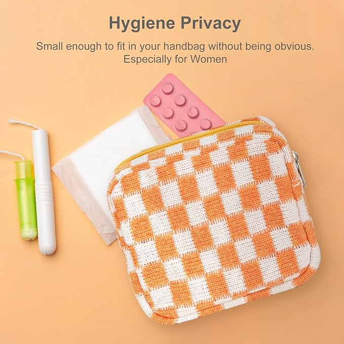 Sanitary Napkin Storage Bag, Menstrual Pad Zipper Bag Checkered Portable Period Bag Panty Liners, Tampon Storage Pouch for Women Ladies Daily Use Storage Purse Travel