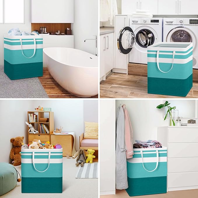 HomeHacks 2-Pack Large Laundry Basket, Waterproof, Freestanding Laundry Hamper, Collapsible Tall Clothes Hamper with Extended Handles for Clothes Toys in the Dorm and Family (Green, 100L)