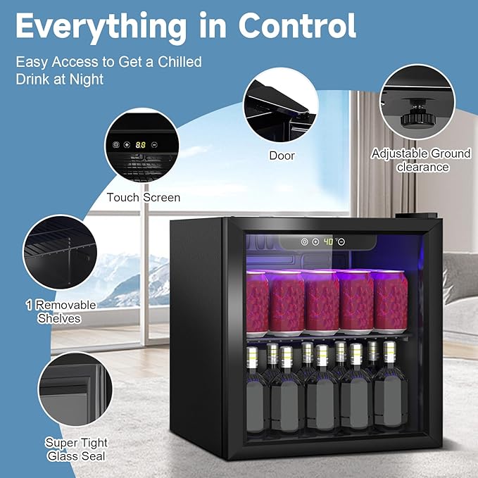 Compact Beverage Refrigerator, 1.3Cu.Ft/60 Can Mini Fridge with Glass Door and Digital Display, Small Drink Fridge with Adjustable Shelves for Soda, Beer, or Wine, Compact Fridge for Bedroom