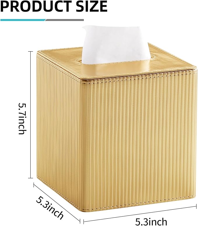 Gold Tissue Box Cover Square with Magnetic Closure, PU Leather Tissue Box Holder for Bathroom NightStands Livingroom, Decorative Modern Square Tissue Holder (Gold)