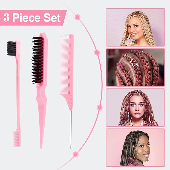 3 Pcs Slick Back Hair Brush, Rat Tail Comb, Edge | Bristle Brush, Hair Accessories for Girls, Kids, Toddlers Sleek Ponytail/Bun, Edge Control and Smoothing Baby Hair & Flyaways