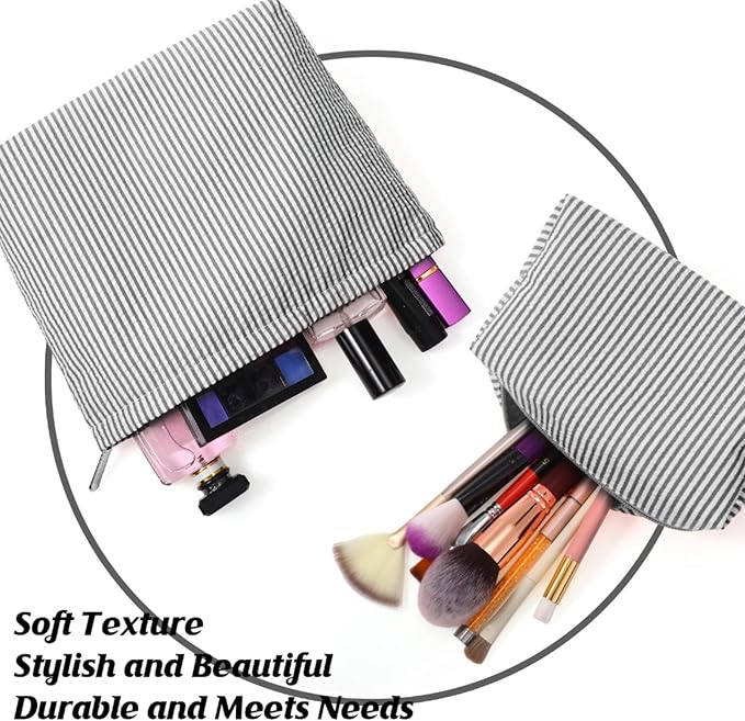 2 Pcs Makeup Bag Set Cute Cosmetic Pouch for Women Seersucker Travel Toiletry Bag Preppy Small Makeup Purse Pouch Aesthetic Skincare Brushes Storage Organizer for Valentine Women(Black)