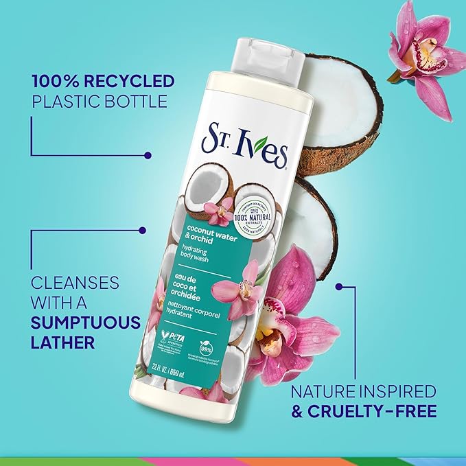 St. Ives Body Wash, Coconut Water & Orchid Hydrating Shower Gel 2-Pack, 100% Natural Extracts, Cruelty-Free, 22 Oz Ea