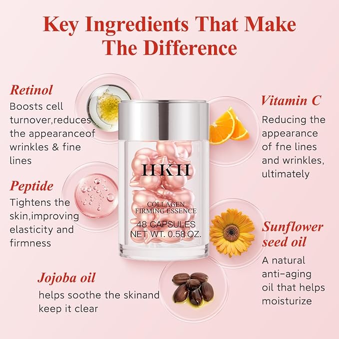 HKH Retinol Serum Capsules for Face: 48 Caps Anti-Aging Wrinkle Skincare Night Serum - Vitamin A & E Facial Oil for Women - Firming Smoothing & Skin Hydration & Moisturization - Travel-Friendly
