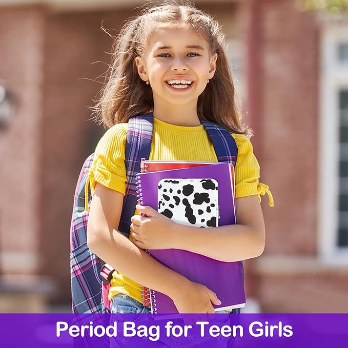 Desing Wish Sanitary Pad Storage Bag Portable Period Bag for Teen Pads/Sanitary Napkins/Small Tampons, Sanitary Napkin Storage Bag First Period Gifts for Teen Girls (Cow)