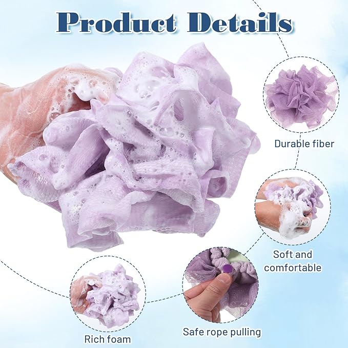 2 Pcs 2 in 1 Loofah Washcloth Combo, Soap Bar Loofah, Exfoliating Shower Pouf with Bar Soap Pocket for Bathing, Cleansing and Smooth Skin (Beige, Purple)
