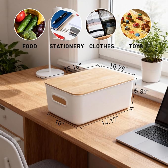 Citylife Storage Bins with Bamboo Lids 13QT Plastic Storage Containers Stackable Organizer Boxes with Handle for Desk Snacks, Toys, 2 PCS, 14" L x 10.6" W x 6.18" H