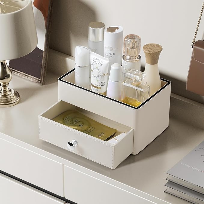 PU Leather Makeup Organizer with Drawer, Waterproof Cosmetic Storage Box, Multifunctional Nightstand Vanity Organizer for Skincare, Perfume, Jewelry, Bathroom Countertop (Beige)