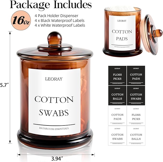 LEORAY 4 Pack Glass Qtip Holder Dispenser with Lids, Airtight Waterproof, 16 Oz Vanity Organizer Bathroom Canisters for Cotton Swabs, Balls, Pads, Floss Picks, Restroom Kitchen Storage Jars, Amber