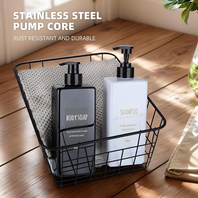 Shampoo and Conditioner Dispenser (Set of 2, 16.9oz) Modern Refillable Shampoo Pump Bottles for Shower Soap - Empty Body Wash Dispenser Set for Bathroom (White+Black)
