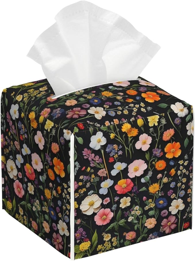 Spring Florals Herbs Tissue Box Cover Vintage Flowers Square Leather Tissue Holder Decorative Facial Tissue Cube Paper Cover Case Organizer for Bathroom Night Stands Desk Tabletop Home