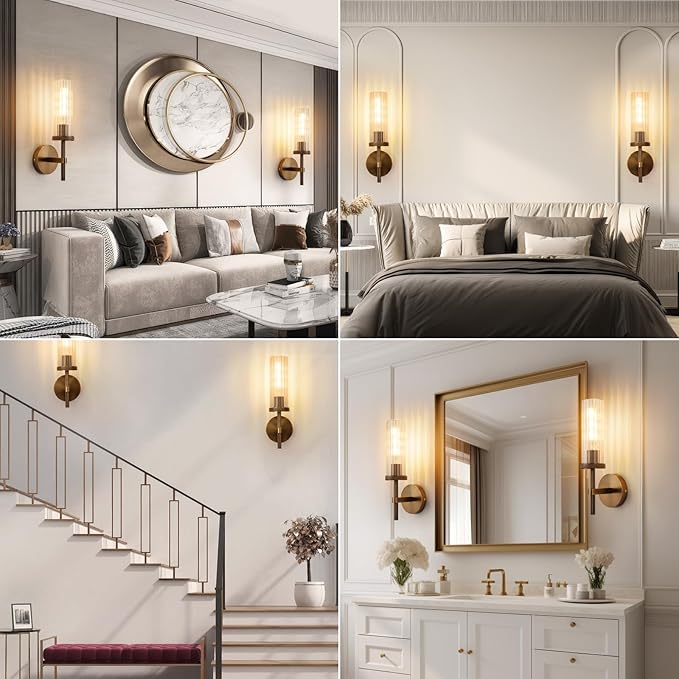 15" Knurled Bronze Hardwired Wall Sconces Set of 2, Bathroom Vanity Light Fixtures with Vertical Striped Glass Tube, Modern Lamp Lighting for Bedroom, Living Room, Hallway, Staircase, Mirror, Kitchen