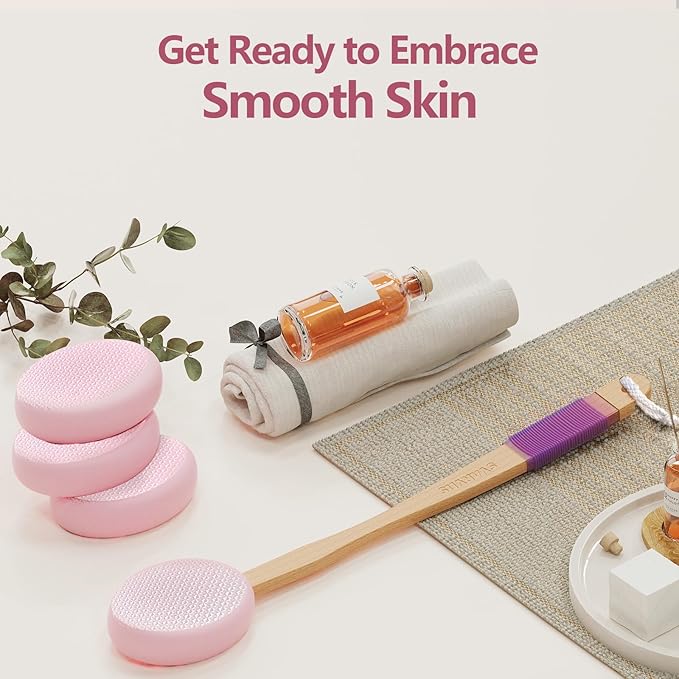 Lotion Applicator With 4 Replaceable Pads for Back, Self, Elderly, Women - Cream Medicine Applicator With 17" Curved Handle Easy to Target Back and Feet, Pink