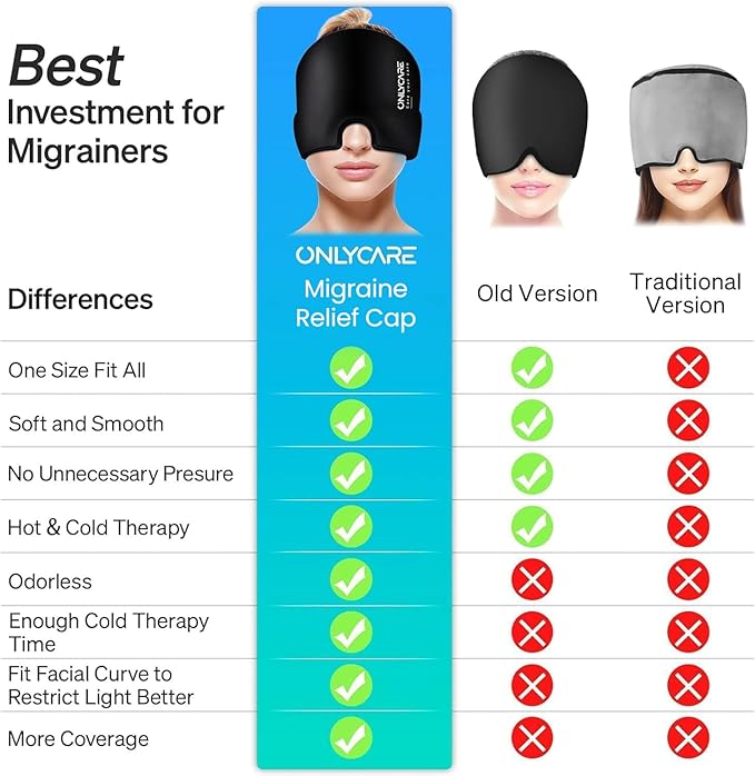 ONLYCARE Migraine Relief Cap, Soothing Migraine Mask, Upgraded Odorless Gel Ice Head Wrap, Hot and Cold Therapy, Headache Ice Pack for Tension, Stress, Hangover (Black)