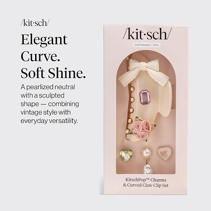 KitschPop ™ Hair Clips For Women with Charm Sets -Customizable Curved Claw Clip With Interchangeable Collectible Cute Charms | Ideal Gifts For Women - Vintage - Pearlized Cream, 7pcs Set
