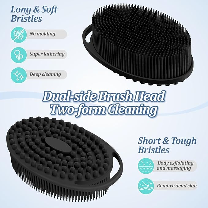 Upgrade Silicone Shower Foot Scrubber Mat & Silicone Bath Brush Set, Large Wall-Mounted Back Scrubber Back Washer to Clean, Exfoliate and Massage Without Bending(Gray+Soft Brush)