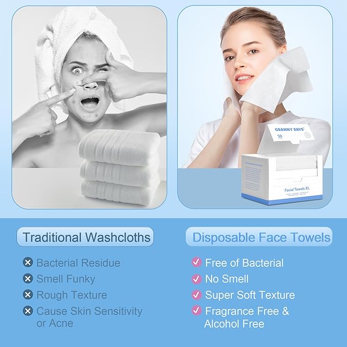 GRANNY SAYS Disposable Face Towel, Face Towelettes Disposable Biobased, 50 Count Extra Thick Soft Face Towels, Clean Skin Towels for Remove Makeup, Facial Cleansing, Nursing, Travel, 10"×12"