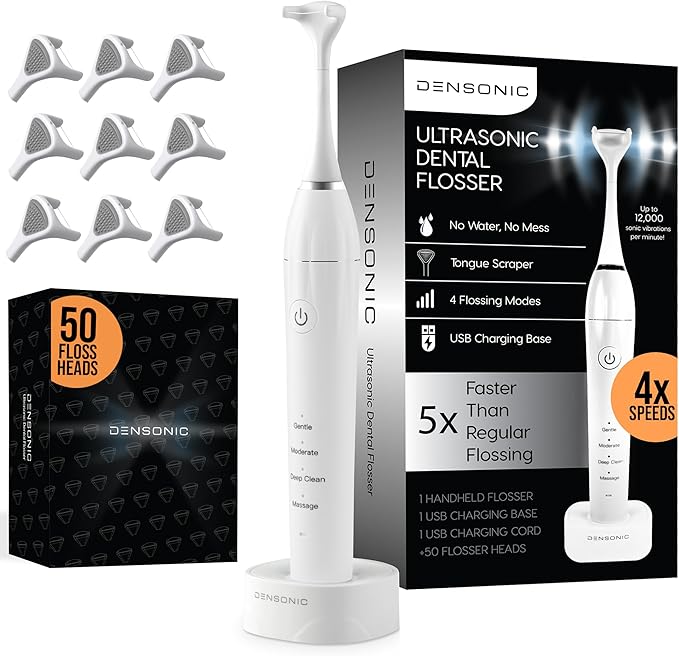 Electric Flosser Kit with Tongue Scraper | No Water, No Mess | Easy Gliding Dental Floss for Gentle Gum Care | Cordless Sonic Power | 50 Replaceable Heads [Glacier White]