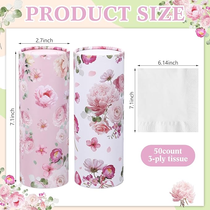 Ctosree 6pk 50 Sheets Car Tissues Holder with Facial Tissues 3-ply Travel Tissue Tubes Box Container Fit for Car Cup Holder Floral Cylinder, 7.1 Inch(Pink,White)