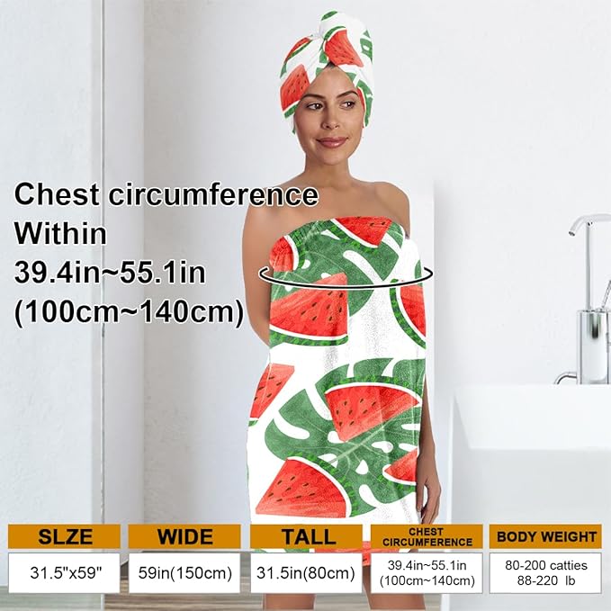 Watermelon Leaf Print Bath Wrap and Hair Drying Towel Set for Women – Microfiber Quick Dry Shower Body Wrap, Absorbent Spa Skirt with Elastic Band (Watermelon 3)