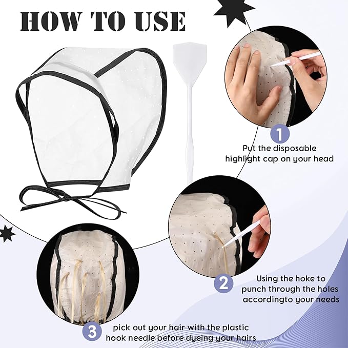 Hair Highlighting Cap Frosting Caps Kit Highlight Cap with Plastic Hooks for Hair Coloring Salon Dyeing Hairdressing Tool Kit Supplies(Black)
