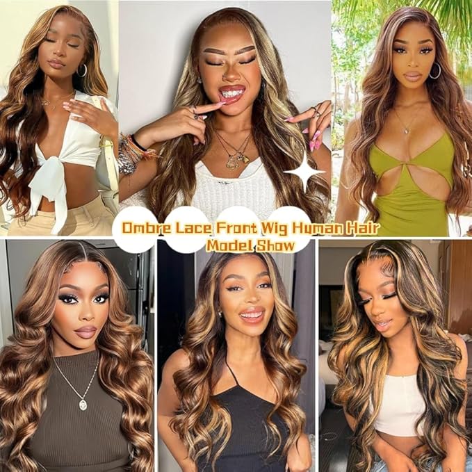 Sunelk Highlight Ombre 13x6 Lace Front Wig Human Hair 34 Inch Honey Blonde Wig 200 Density Glueless HD Lace Frontal Wig for Women 4/27 Highlight Body Wave Lace Front Wigs Human Hair