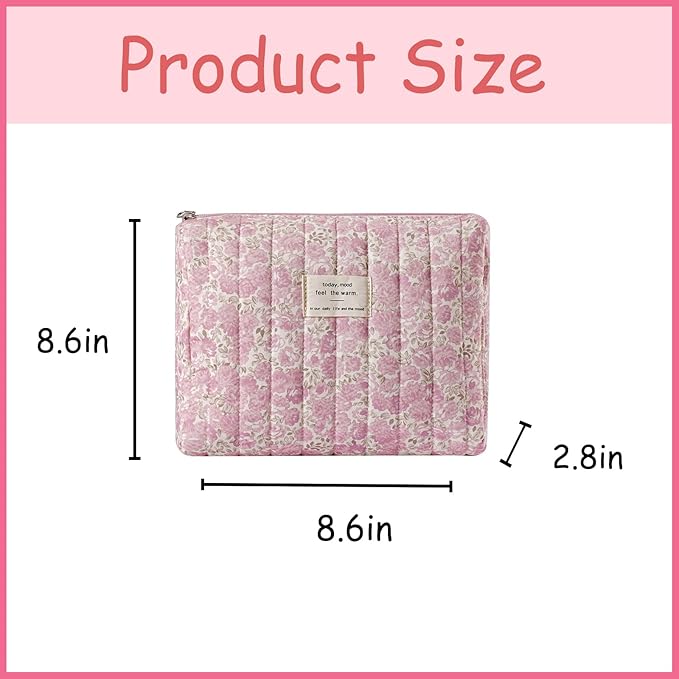 uekeboag Quilted Cotton Makeup Bag,Coquette Quilted Toiletry Bag for Women and Girls,Floral Coquette Pouch,Cute Kawaii Travel Cosmetic Bags(Watercolour Pink Flower)