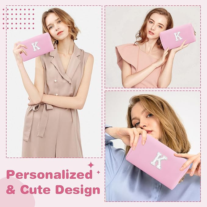 ChaoGreat Bride Gifts – Personalized Initial Makeup Bag with Pearl Rhinestone Patch, Preppy Pink Monogram Cosmetic/Toiletry Pouch, bridesmaid Gifts, Bridal Shower Gifts, Wedding Gifts, Bridal Gifts,K