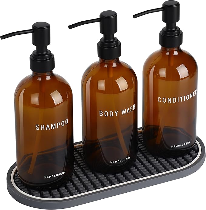 Glass Shampoo and Conditioner Dispenser-Shower Soap Dispenser for Bathroom-16.9 fl oz Set of 3 Refillable Glass Bottles with Pump and Labels-Shampoo Dispenser for Shower(Amber)