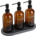 Glass Shampoo and Conditioner Dispenser-Shower Soap Dispenser for Bathroom-16.9 fl oz Set of 3 Refillable Glass Bottles with Pump and Labels-Shampoo Dispenser for Shower(Amber)