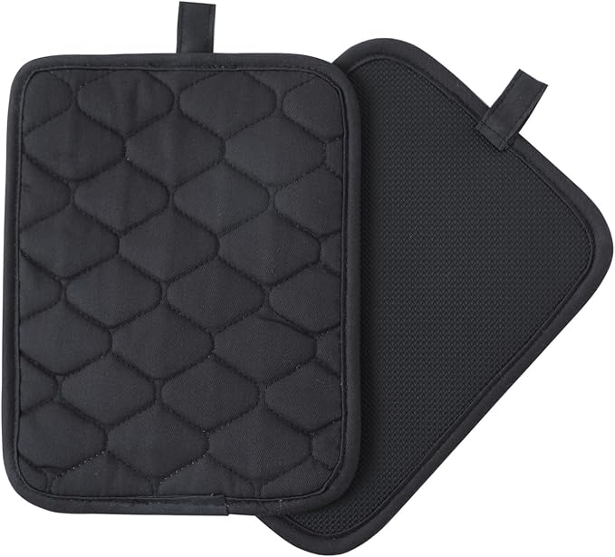 Glynniss Anti-Slip Grip Pot Holder for Kitchen, Cotton Oven Hot Pads Set with Neoprene for Heat Resistant 450F, 7x9 Inches Potholder Machine Washable 2PCS (Black, 2)