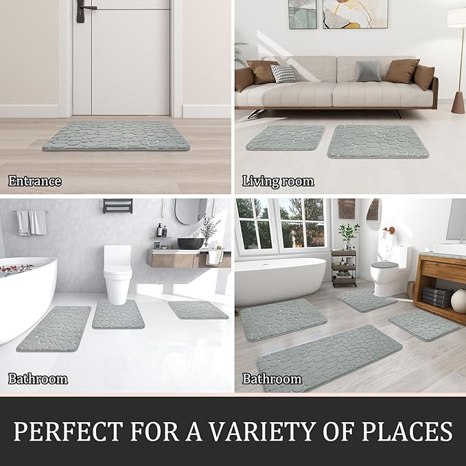 YIHOUSE Bathroom Rugs Mat Set 2 Piece Light Grey, Memory Foam Bath Mats Sets, Non Slip Water Absorbent Washable Bath Rugs for Sink, Toilet and Floor