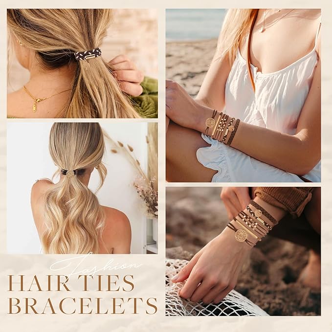 SYGY 10 PCS Boho Hair Ties, Bracelets for Thick & Thin Hair, 5 Styles No Damage, Dark Coffee Colors