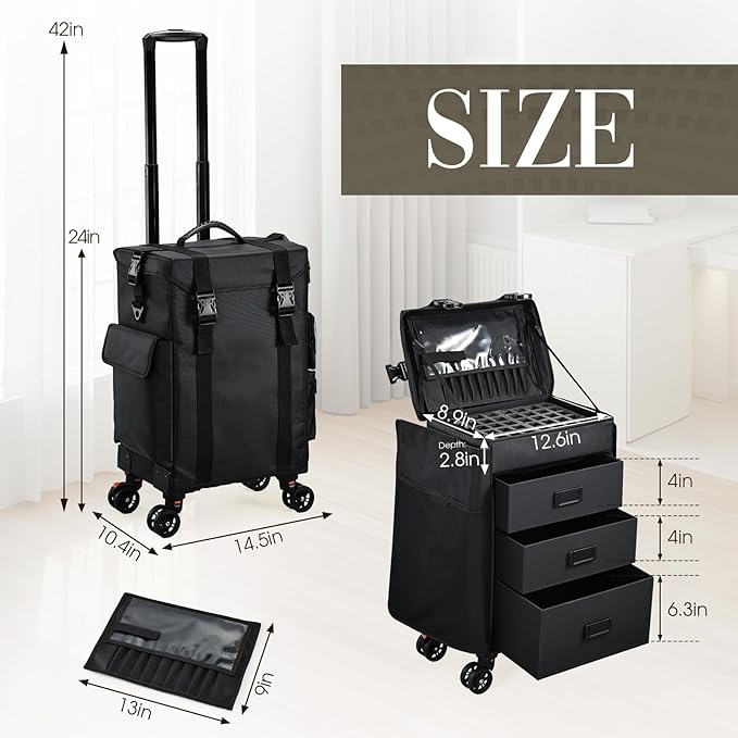 Stagiant Rolling Makeup Case 4 in 1 Soft Sided Professional Cosmetology Case on Wheels Freelance Makeup Artist Nylon Cosmetic Organize Storage Nail Technician Hair Stylist 3 Drawers Black