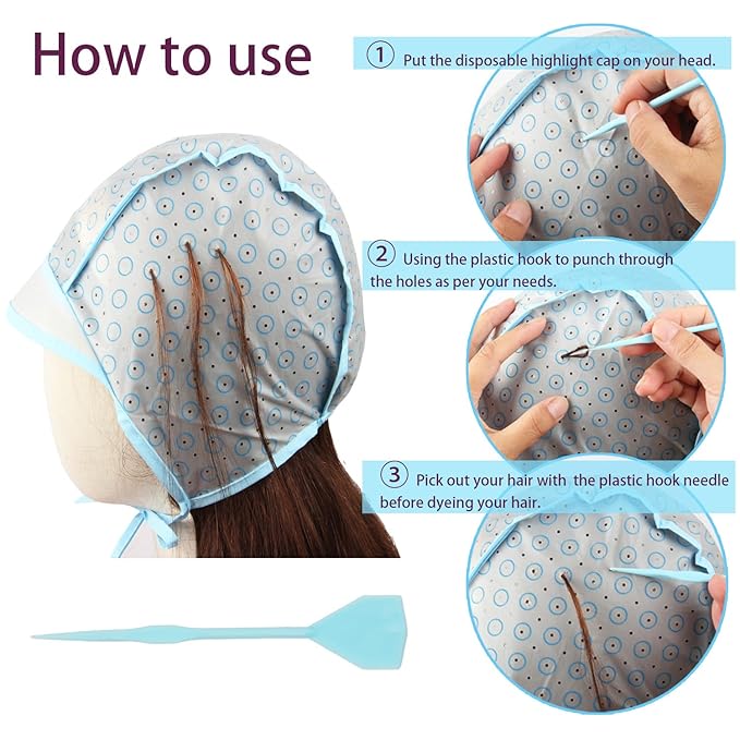 Hair Highlighting Cap, Blue Hair Coloring Frosting Dye Kit with Plastic Crochet Hook for Salon DIY Hair Dyeing Hairdressing