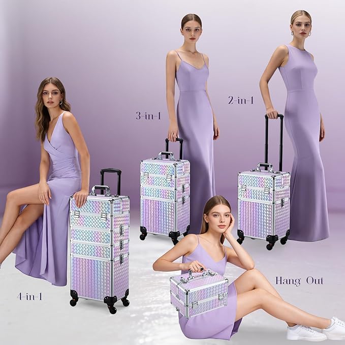 Stagiant Rolling Makeup Case Cosmetology Case on Wheels 4 in 1 Makeup Travel Case Extra Large Cosmetic Box with Key Make Up Artist Traveling Storage Nail Case Salon Barber Cart Trunk Pinkish Purple