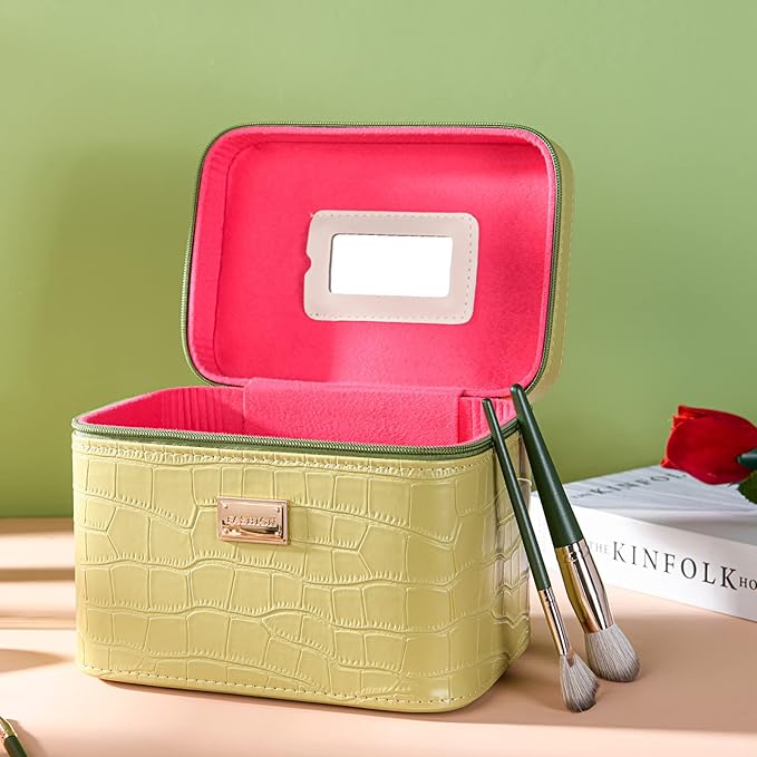 Fashion makeup box, Portable leather hard cosmetic case with mirror, Professional train case make up box for women adults. (Green)