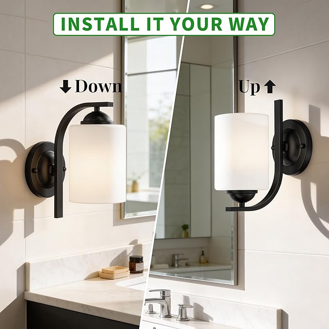 2-Pack Wall Sconces for Bedroom and Bathroom, Matte Black Farmhouse Wall Light Fixtures with Glass Shade, Modern Vanity Wall Lamps for Living Room, Hallway, Kitchen